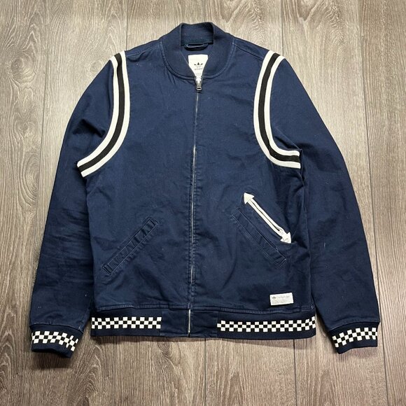 Adidas Blue Denim Varsity Jacket Checkered Medium Heavy Retro - Picture 1 of 8